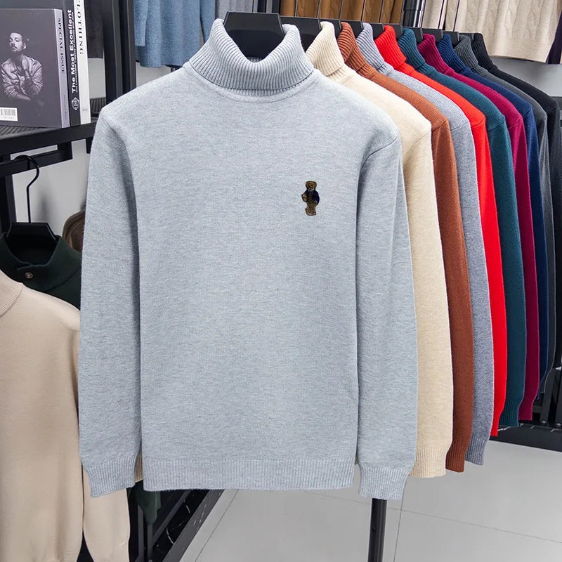 Suéter de Punto de Manga Larga para Hombre, Diseño de Alta Gama, Estampado de Oso, Cuello Alto, Estilo Informal, Versátil, Cálido y Moderno