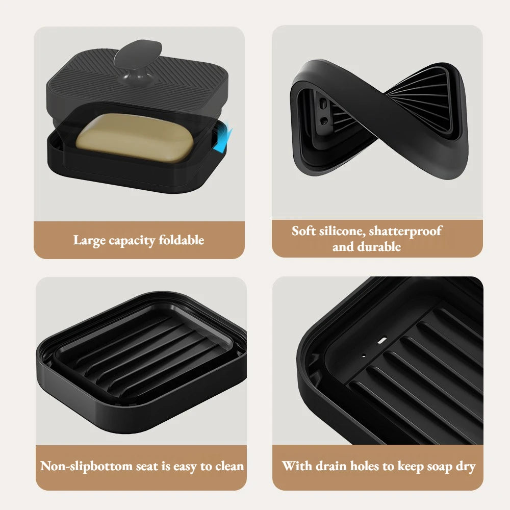 Caja de Almacenamiento de Jabón de Silicona 2 en 1, Plegable con Orificio de Ventilación, Antideslizante, Portátil, con Cepillo para Champú y Cepillo Exfoliante para Viajes