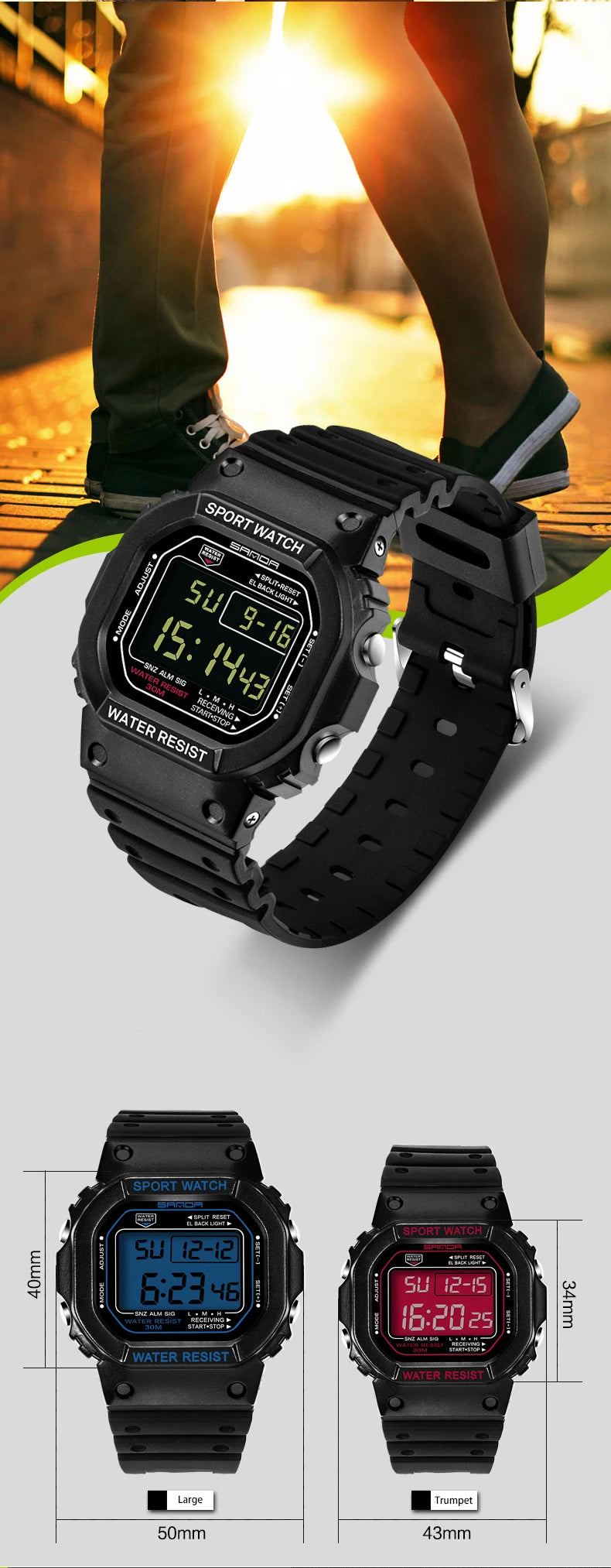 Reloj Digital Deportivo SANDA 329 para Hombre, LED, Resistente al Agua