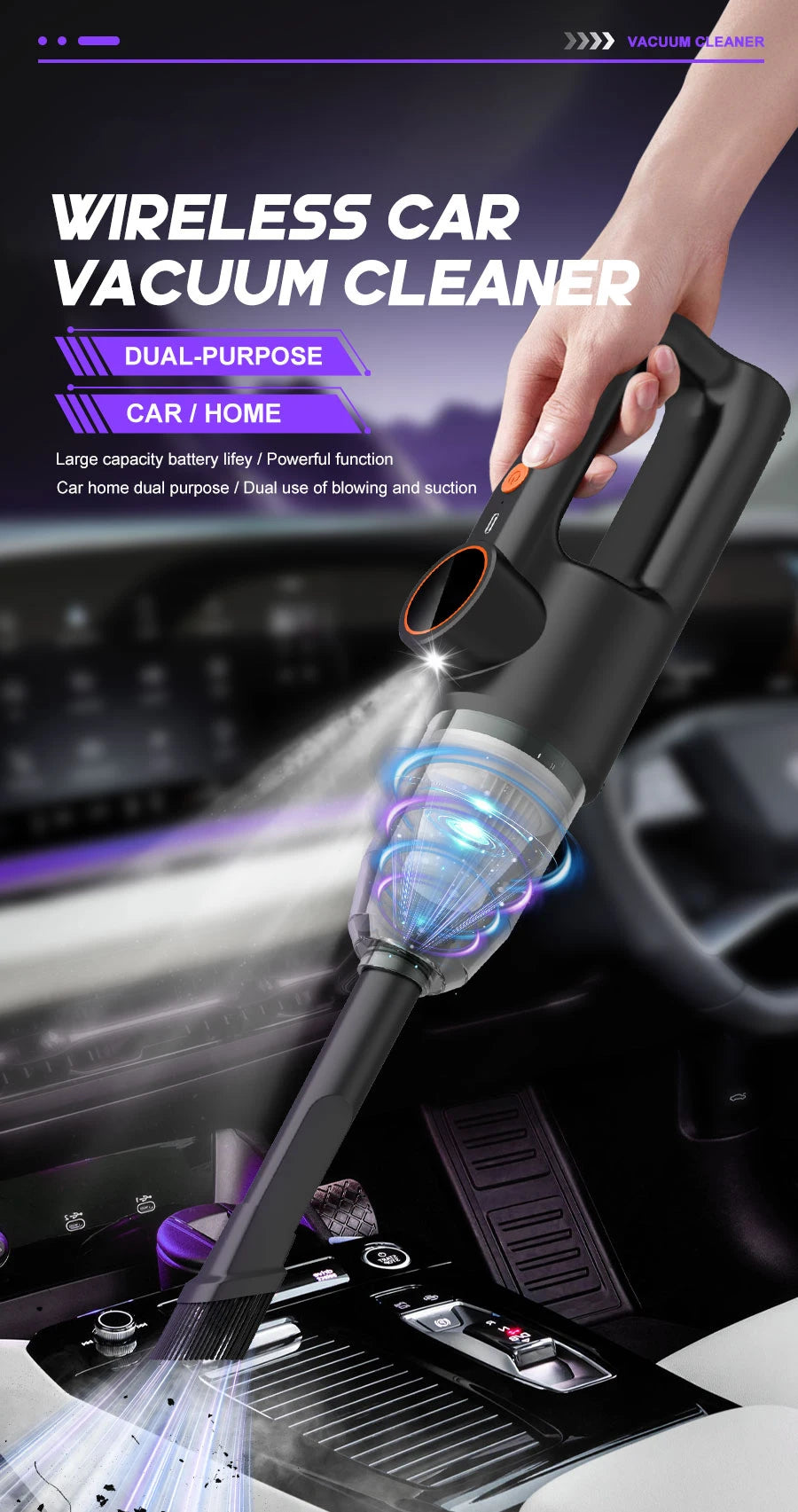 Aspirador de coche de 11000PA, aspirador de mano inalámbrico portátil de succión fuerte con múltiples boquillas para coche, hogar, oficina, mascota