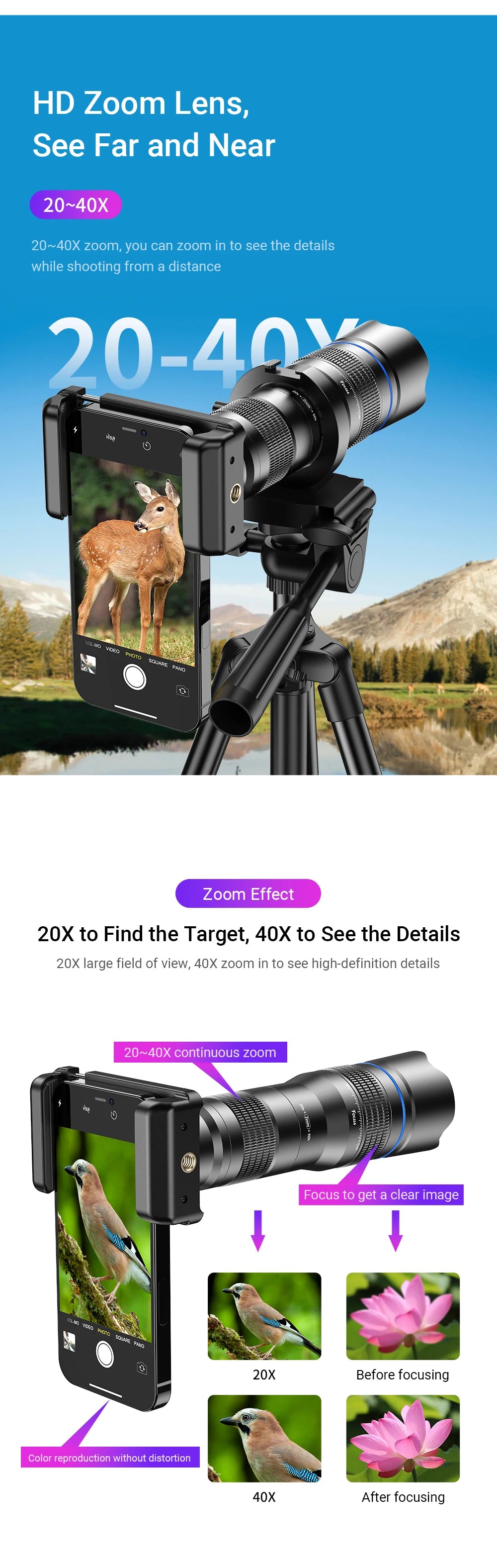 Teleobjetivo APEXEL 20-40X Zoom con Trípode para Smartphone