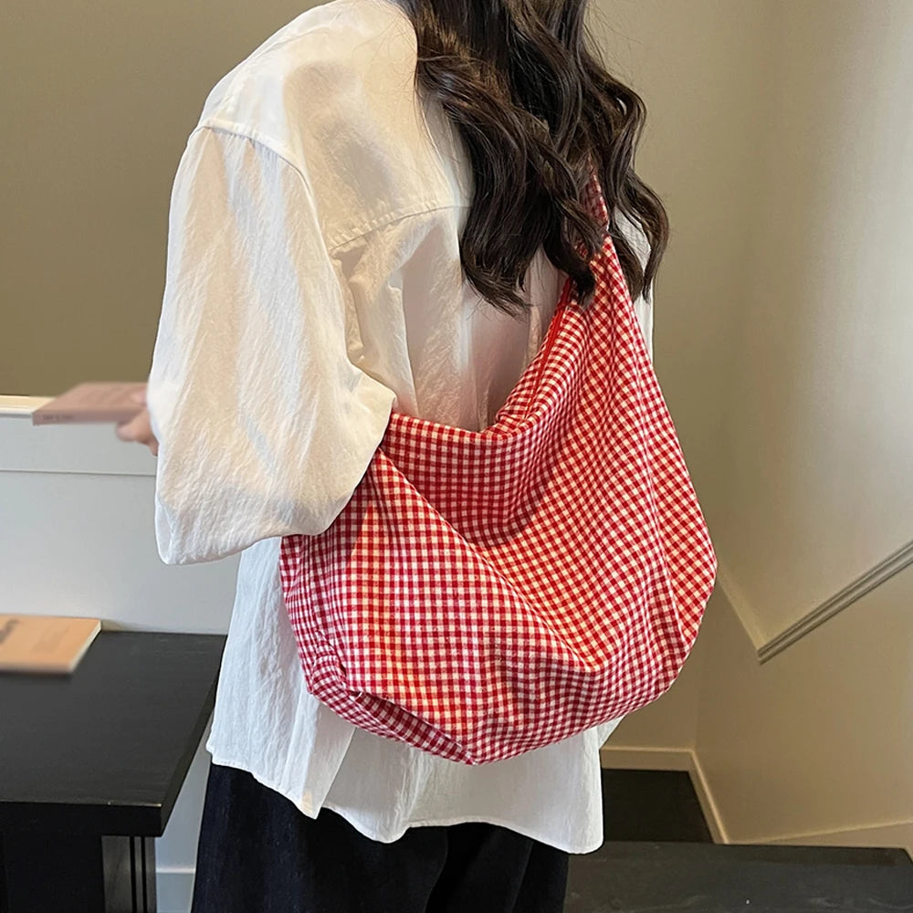Bolso Bandolera para Mujer Estilo Casual, Diseño Retro a Cuadros, Versátil, Gran Capacidad, Tipo Dumpling, Bolso Tote para el Día a Día
