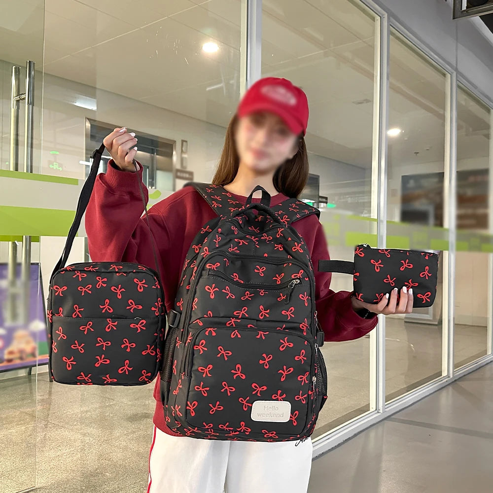 Mochila coreana con estampado de lazo para mujer, morral escolar ligero y sencillo para estudiante, conjunto de tres piezas