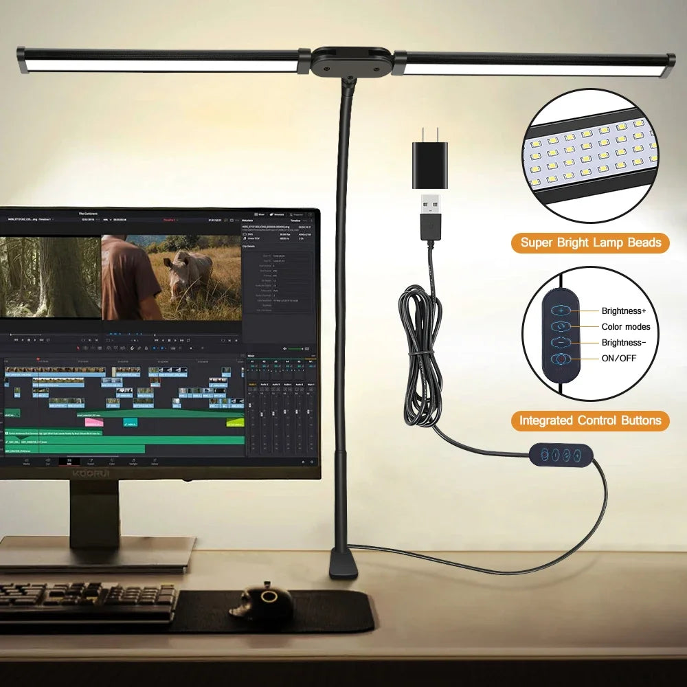 Lámpara LED Doble Cabezal con Clip para Arquitecto, 3 Colores y 10 Niveles
