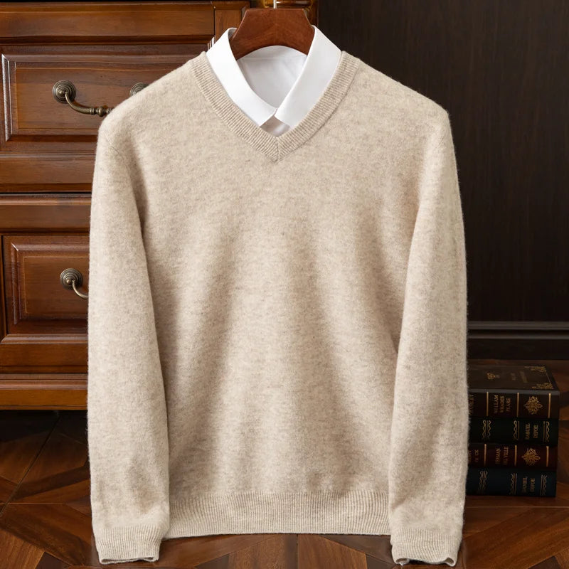 2025 suéter 100% de lana merina de Cachemira con cuello en V para hombre, jersey inteligente informal básico de manga larga, prendas de punto, Tops para Otoño e Invierno