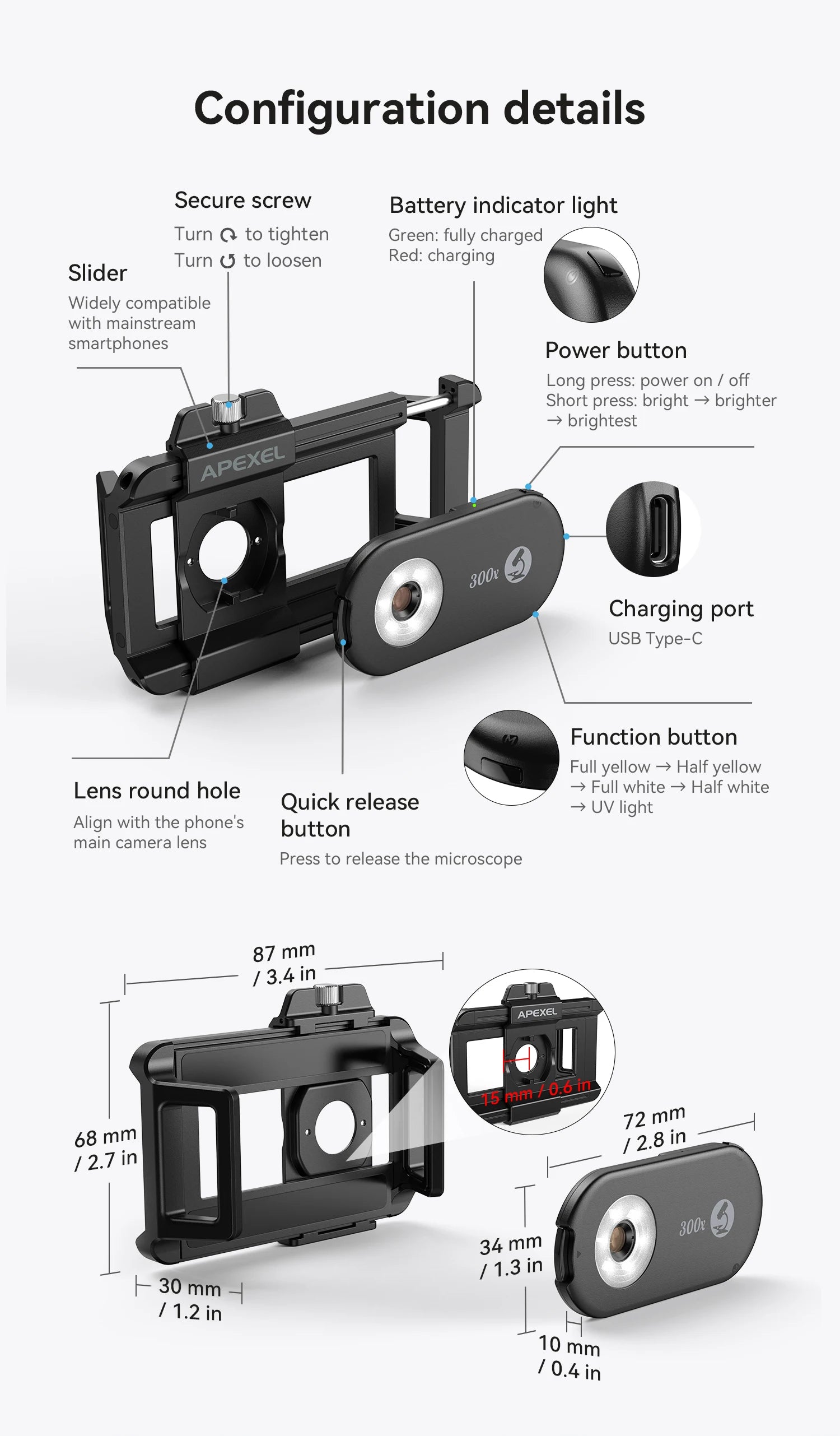 Lente Microscopio 300X para Celular con Luz LED APEXEL