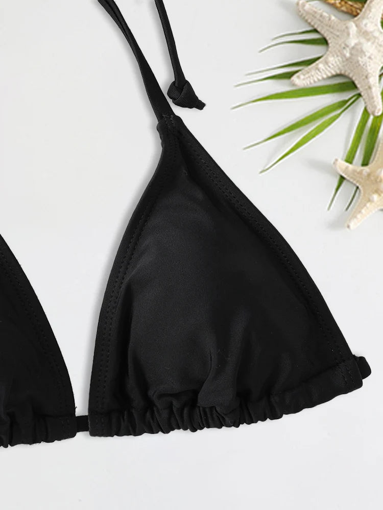2 unid/set 2024 traje de baño Sexy de moda para mujer, conjunto de Bikinis, traje de baño triangular, ropa de playa con cordón, trajes de baño de una pieza, bikini brasileño