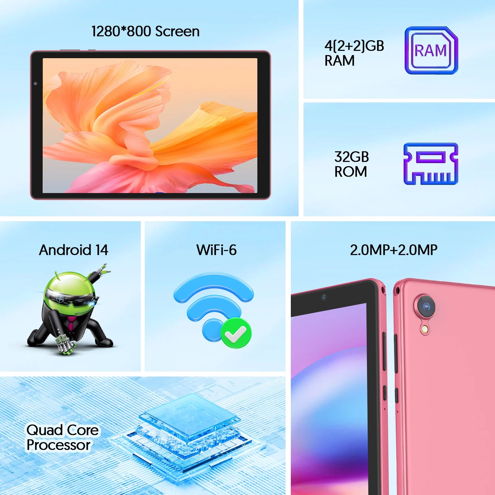 Tablet BAKEN Android 14 de 10 pulgadas, 32GB, Wi-Fi 6 y procesador cuatro núcleos