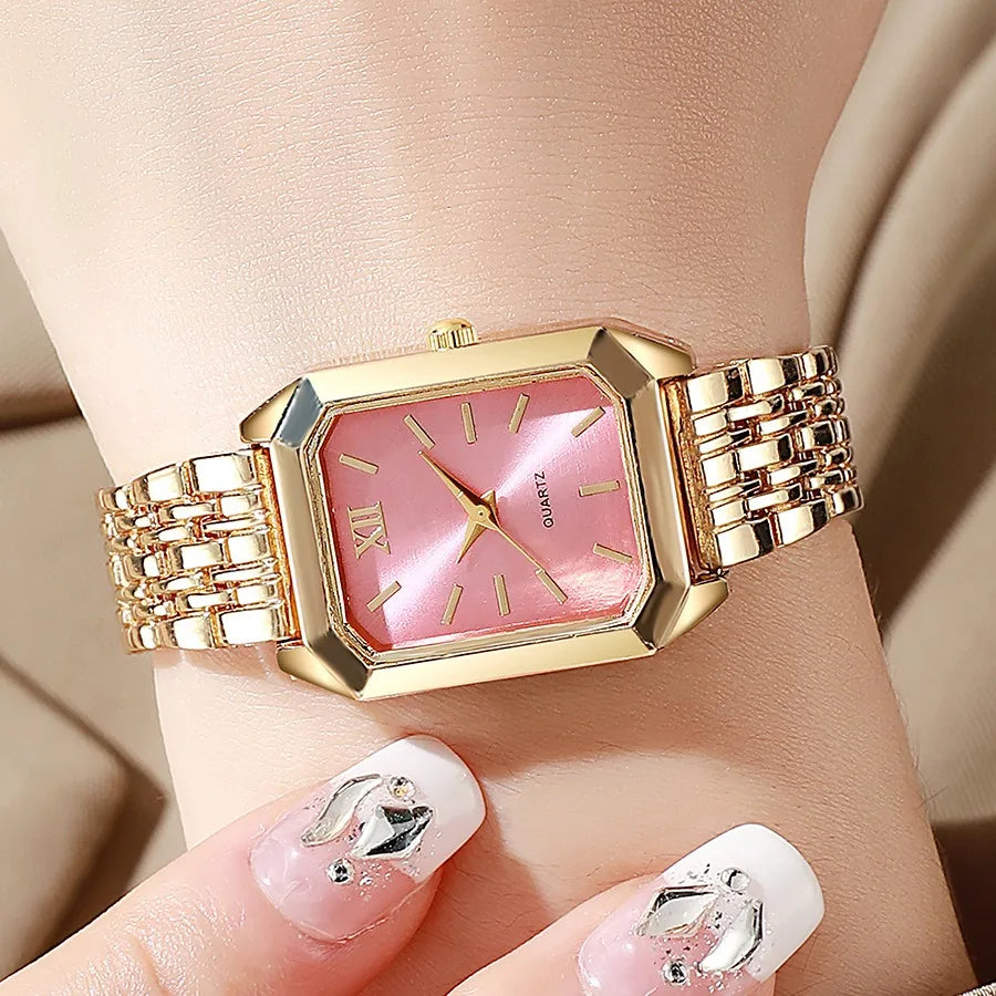 2 unids/set de reloj de cuarzo de lujo para mujer con pulsera de amor, conjunto de banda de aleación, relojes de pulsera de cuarzo para mujer de negocios, reloj femenino dorado