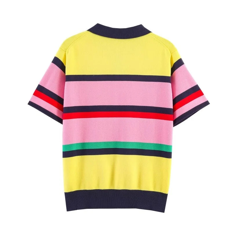 Camiseta Tipo Polo de Punto a Rayas Multicolor