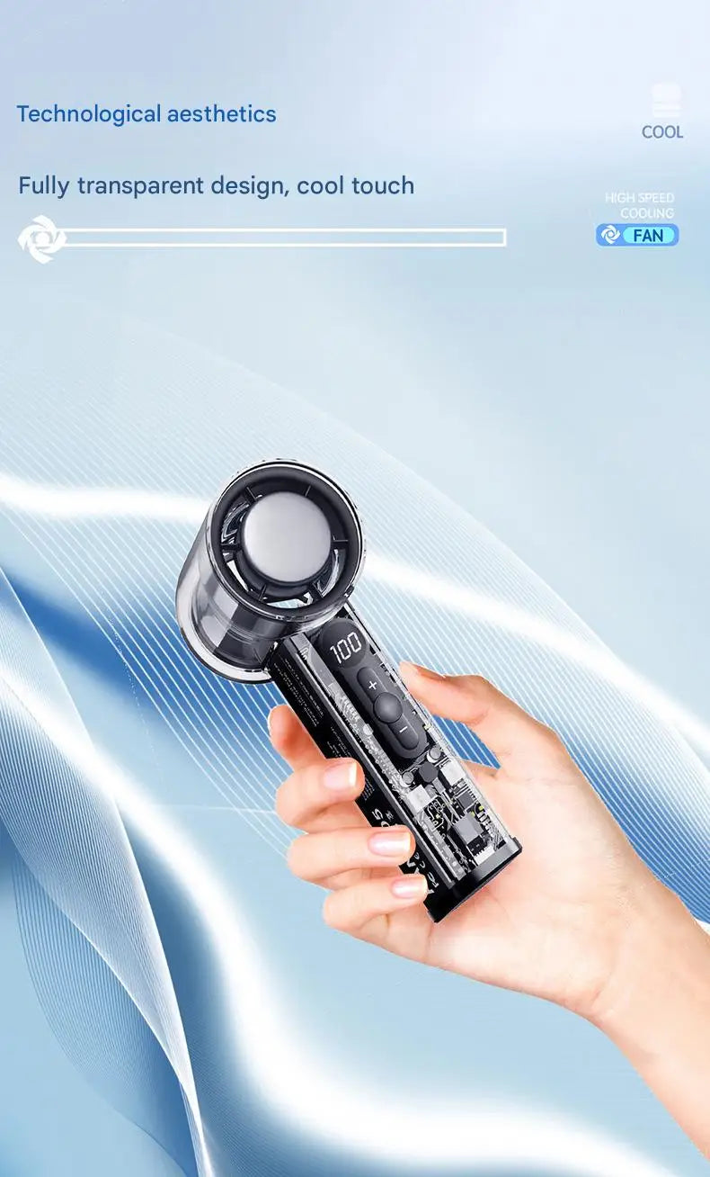 Ventilador de mano de alta velocidad, carga USB, pantalla digital inteligente, refrigeración, mecha transparente, ventilador pequeño turbo para exteriores