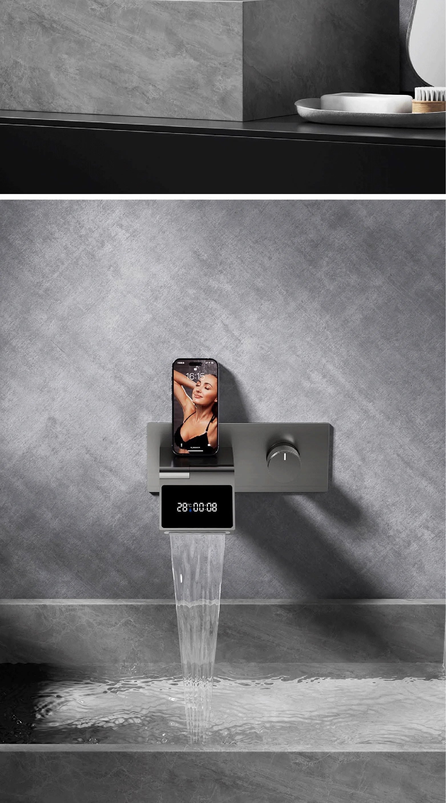 Grifo de baño montado en la pared de latón gris con pistola de lujo con pantalla digital LED Grifo de baño integrado de agua fría y caliente con una sola manija