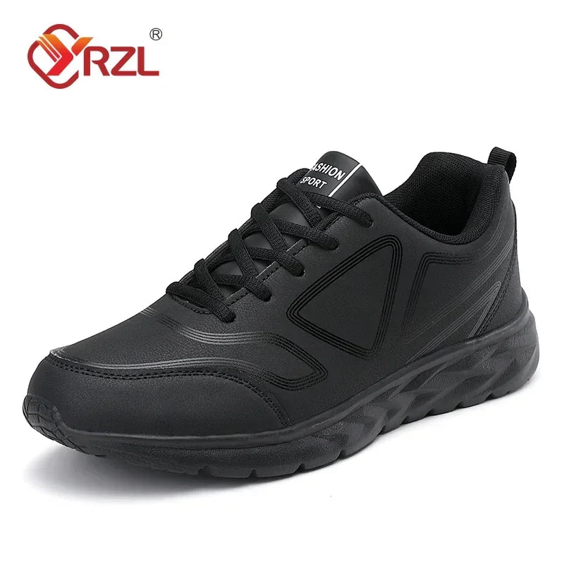 YRZL-Zapatillas deportivas impermeables de cuero para hombre, zapatos deportivos cómodos para caminar, resistentes al desgaste, color negro