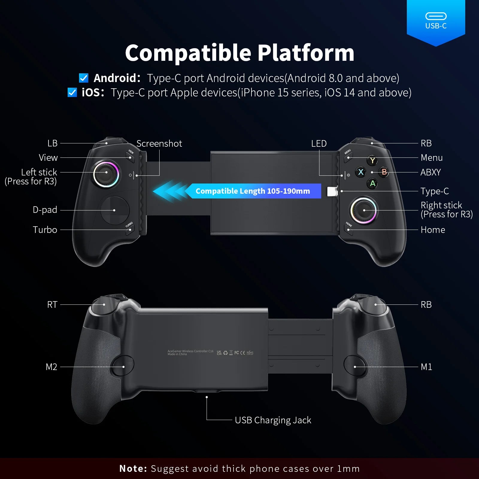 AceGamer Gamepad tipo C controlador de juegos móvil para iPhone 15 Series/Android, controlador de teléfono de estiramiento con joys de efecto Hall