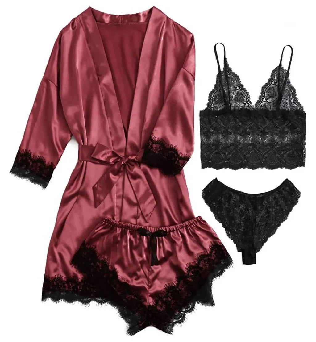 Conjunto de Pijama Sexy para Mujer 4 Piezas con Encaje
