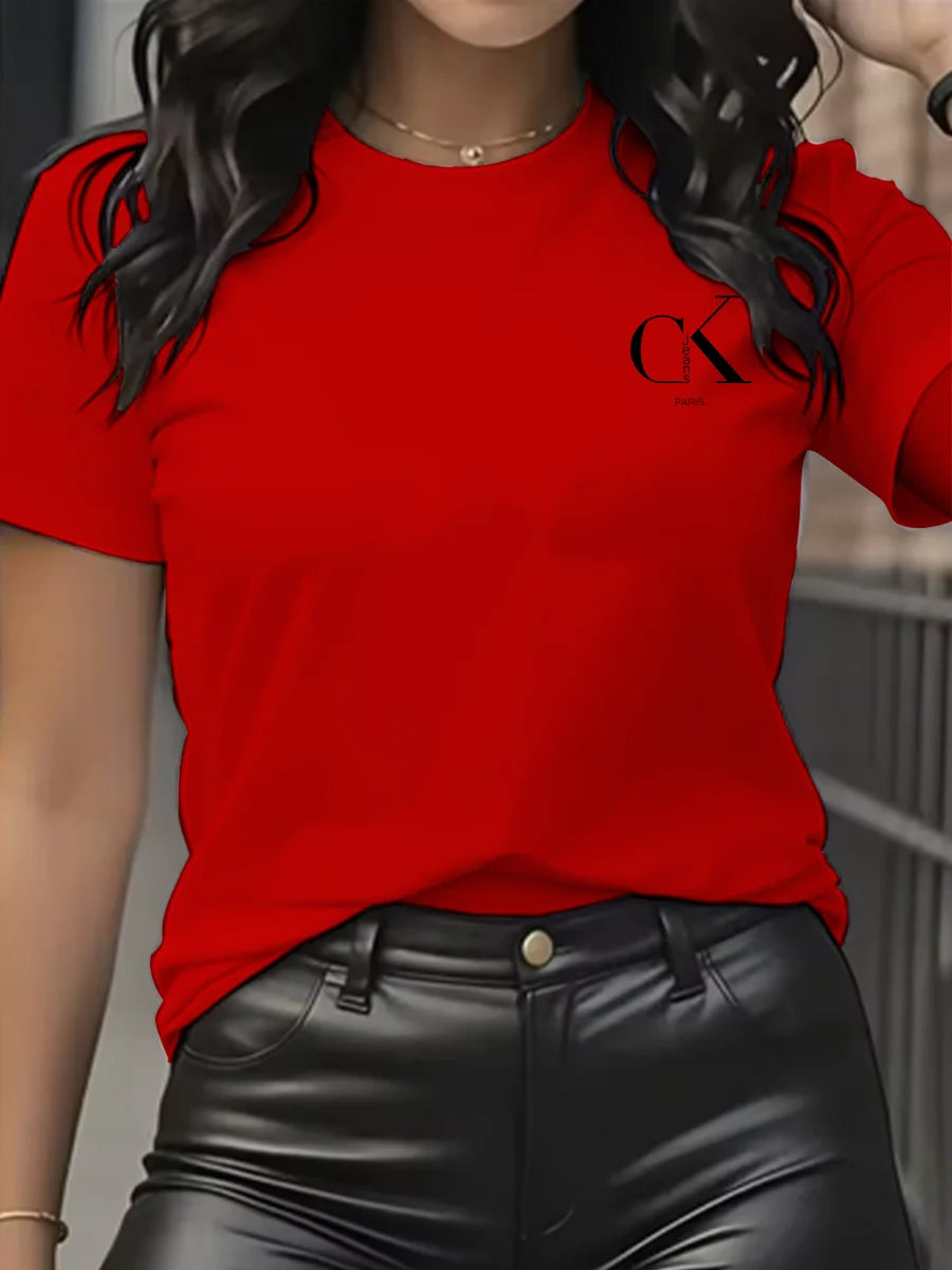 Camiseta con Estampado de Dibujos Animados y Letras Cuello Redondo