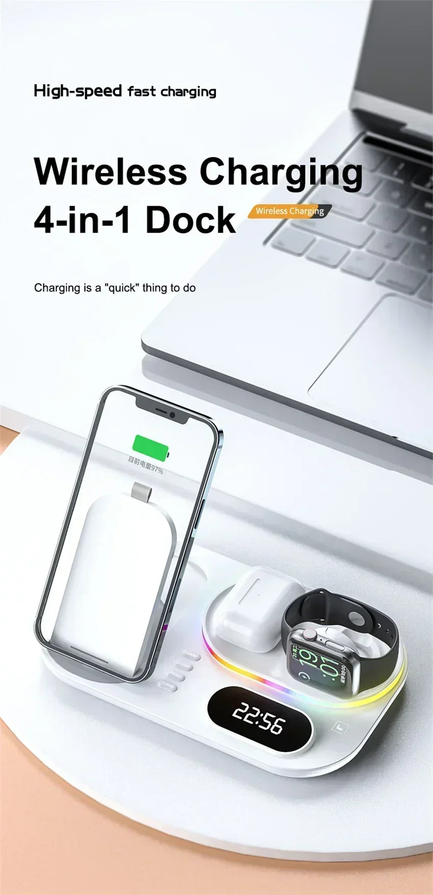 Base de Carga Inalámbrica 4 en 1, Estación de Carga Rápida de 15W para iPhone 12-17, Samsung Galaxy Watch, iWatch, Auriculares Xiaomi