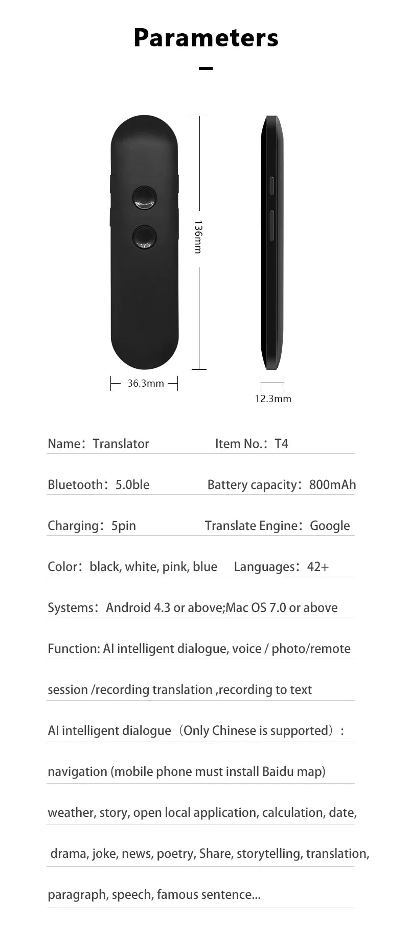 Mini T4 AI Translator Smart Pen Inalámbrico, 40 Idiomas, Compatible con Bluetooth, Portátil, Traducción de Voz Instantánea Bidireccional en Tiempo Real