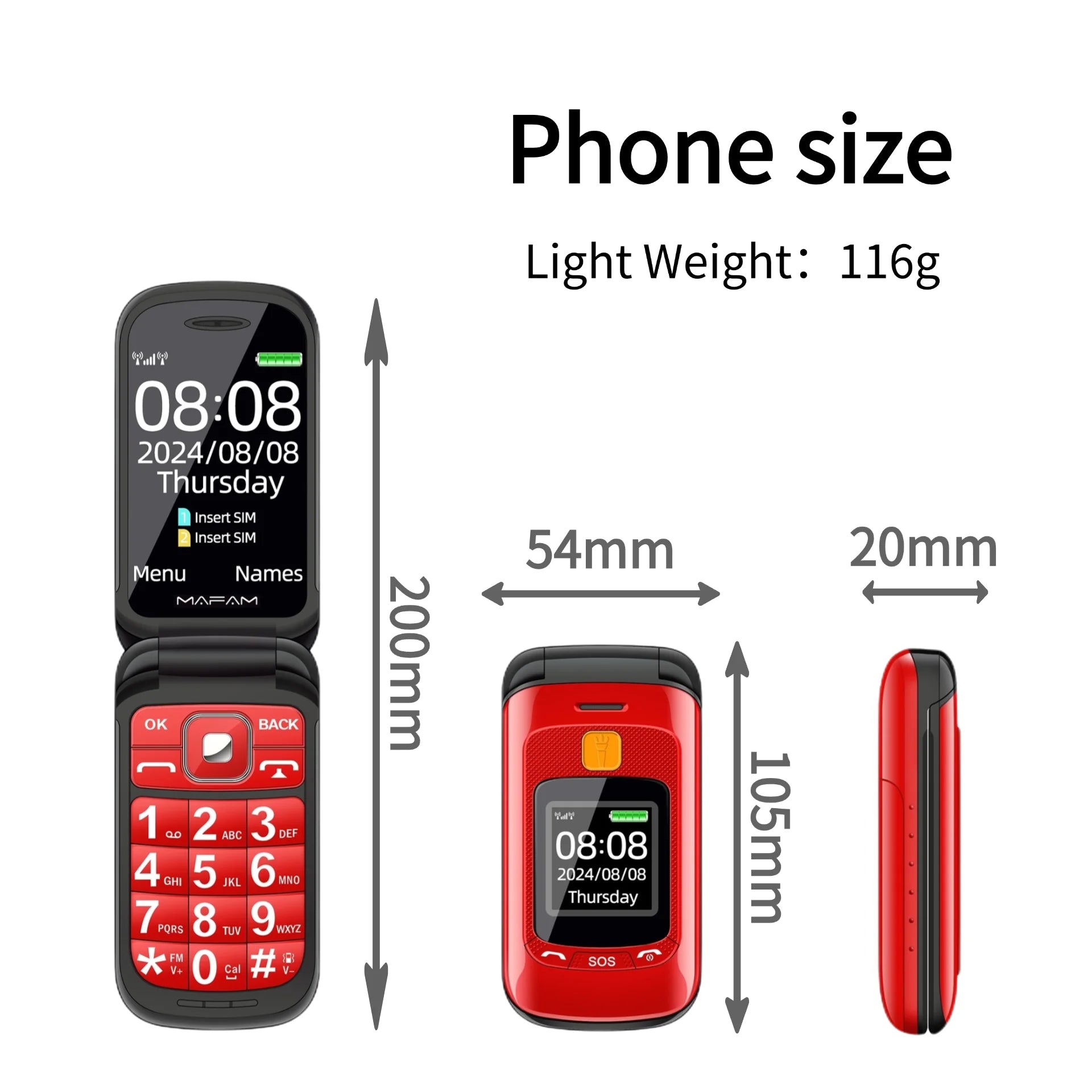 Mafam F899 Senior Flip Feature Phone Dos pantallas 2 Sim Botón grande SOS Dial Antorcha Clamshell Móvil Estilo retro 15 días Larga modo de reposo