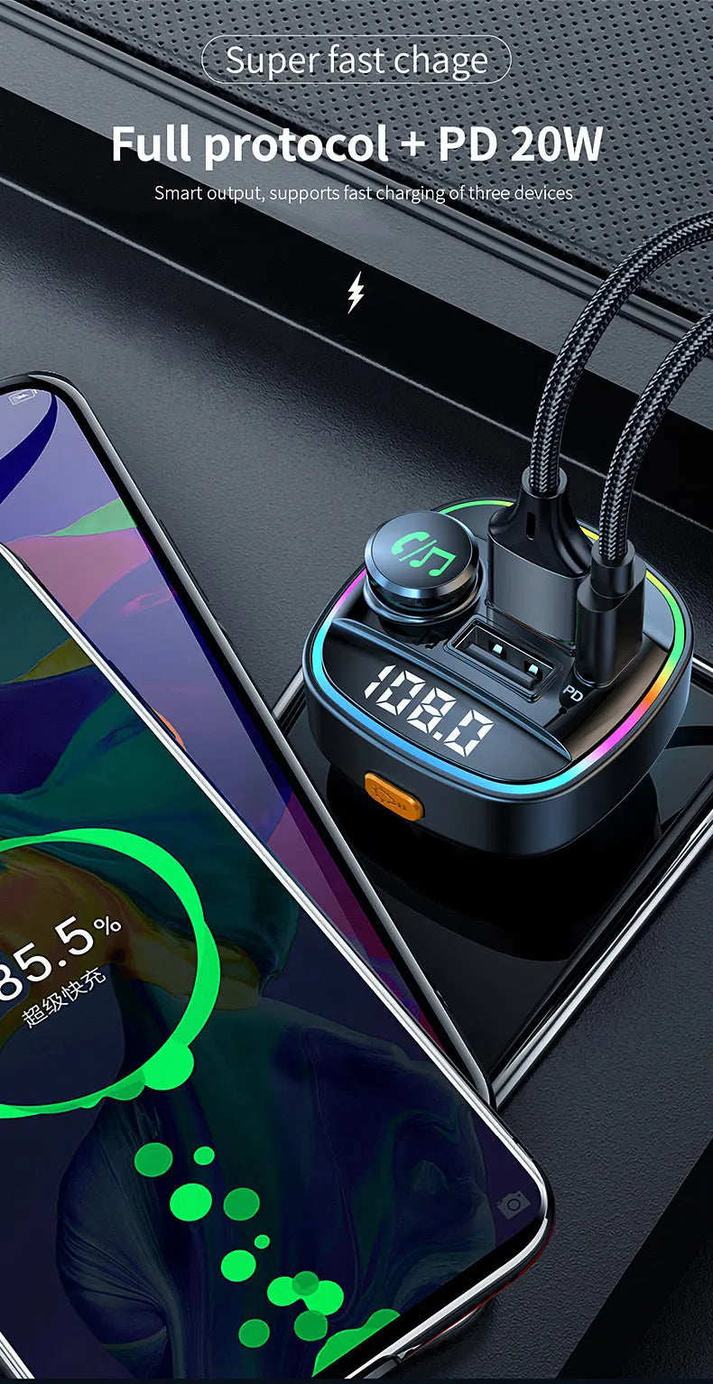 Transmisor FM Bluetooth 5.0 para Auto con Carga Rápida 22.5W