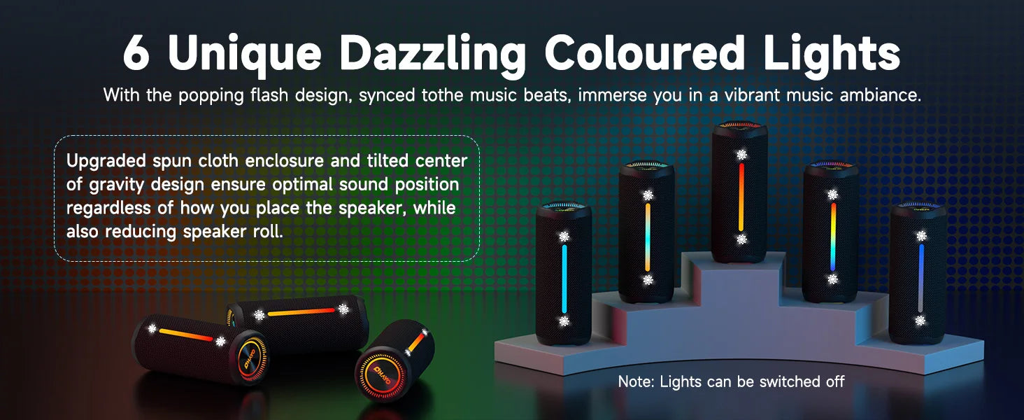 Ohayo Altavoces Bluetooth portátiles para acampar con sonido fuerte de 35 W, resistente al agua IPX7, luces LED