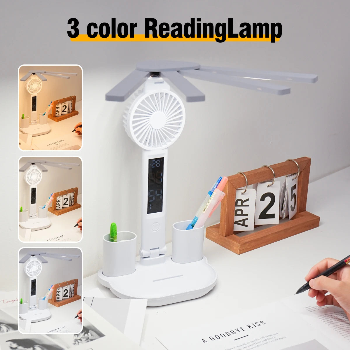 Lámpara de escritorio multifuncional 3 en 1, lámpara LED de escritorio plegable de cuatro cabezales con ventilador, calendario, reloj, lámpara de escritorio de oficina de lectura recargable por USB