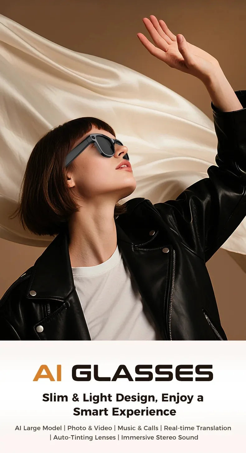 Lentes Inteligentes M02 con IA, Reproductor de Música con Llamadas Bluetooth, Cámara de 8MP, Traducción en Más de 100 Idiomas, Lentes de Sol con Caja de Carga