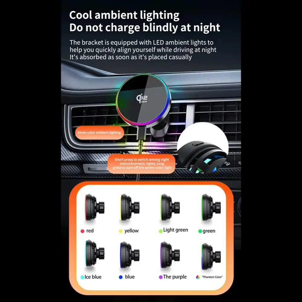 Cargador Magnético para Coche Qi2 de 25W con Luz RGB, Soporte para Rejilla de Ventilación con Carga Rápida y Refrigeración para iPhone 17 Pro Max