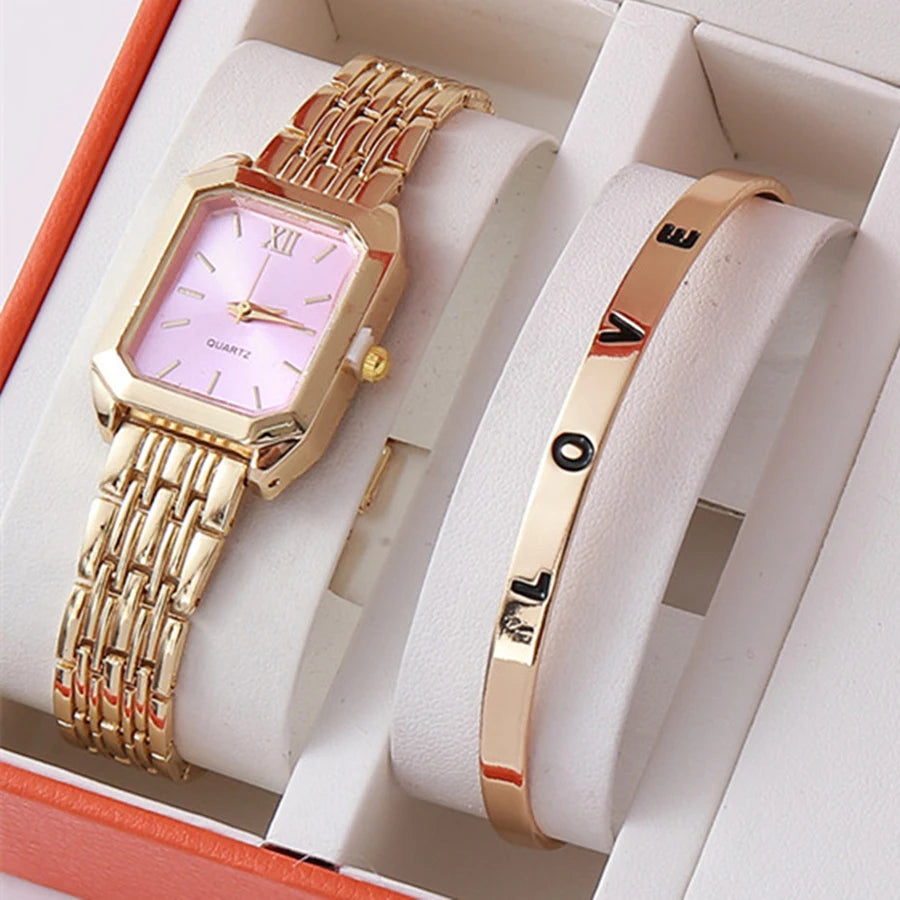 2 unids/set de reloj de cuarzo de lujo para mujer con pulsera de amor, conjunto de banda de aleación, relojes de pulsera de cuarzo para mujer de negocios, reloj femenino dorado