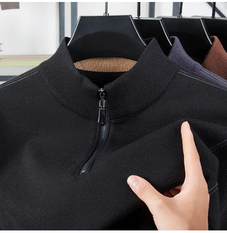Suéter grueso de terciopelo de alta calidad, jersey con media cremallera para hombre, nueva camiseta cálida holgada informal, prendas de punto