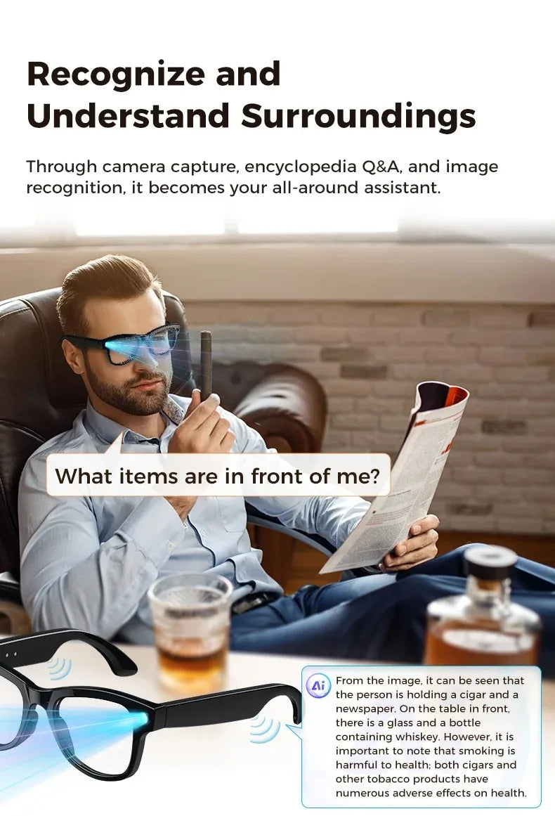 Lentes Inteligentes M02 con IA, Reproductor de Música con Llamadas Bluetooth, Cámara de 8MP, Traducción en Más de 100 Idiomas, Lentes de Sol con Caja de Carga