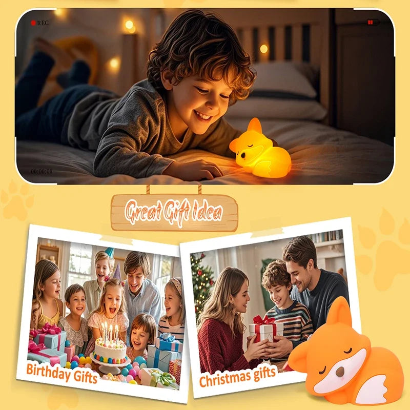 Luz nocturna de zorro, lindos regalos de luz nocturna de silicona para niños, luces de animales con control táctil, temporizador y recargable por USB