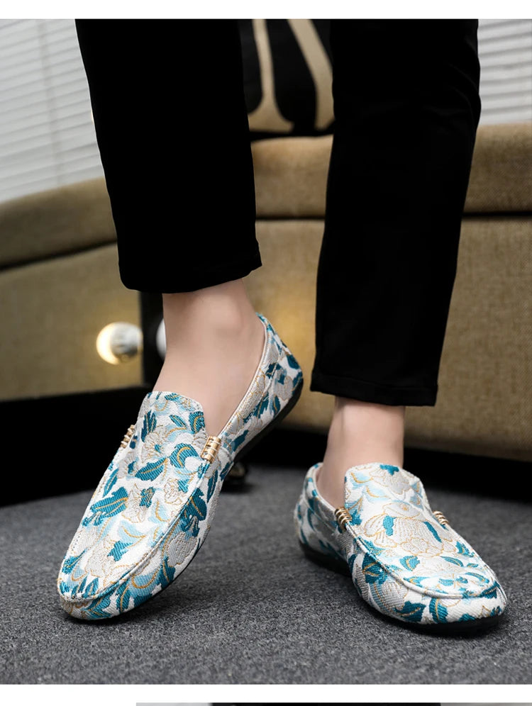 Zapatos Casuales Florales para Hombre | Estilo Mocasín Azul y Blanco