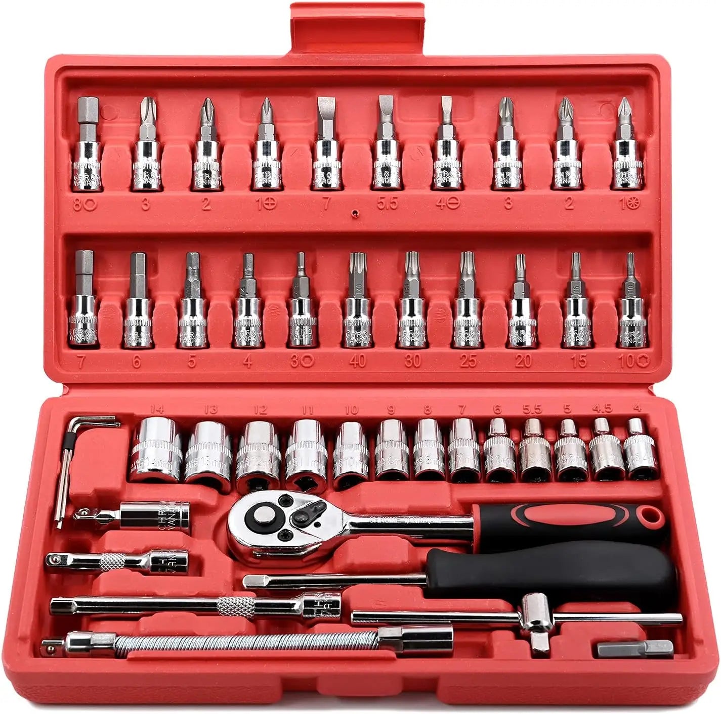 FOCSE Juego de llaves de trinquete con casquillo de accionamiento de 46 piezas de 1/4 pulgadas, con juego de casquillos, barra métrica y de extensión para reparación de automóviles