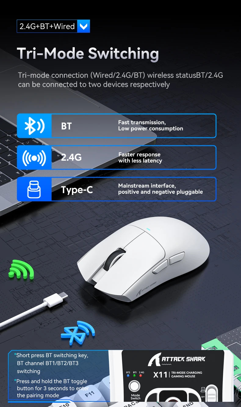 Ratón inalámbrico Bluetooth Attack Shark X11, tres modos, 2,4G, PAW3311, RGB, base de carga magnética para PC, ratón para juegos de deportes electrónicos