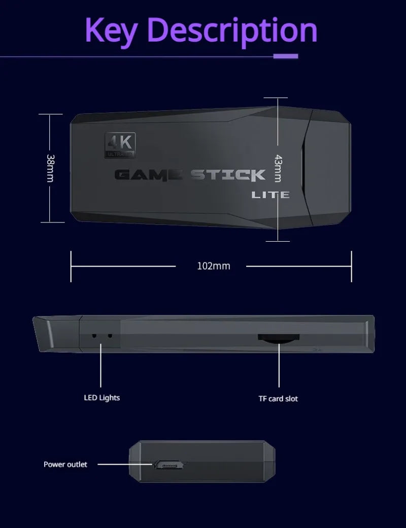 Consola de Videojuegos Retro 4K HD Game Stick Lite con Dos Controles Inalámbricos 2.4G, Plug & Play, con Juegos Clásicos Integrados