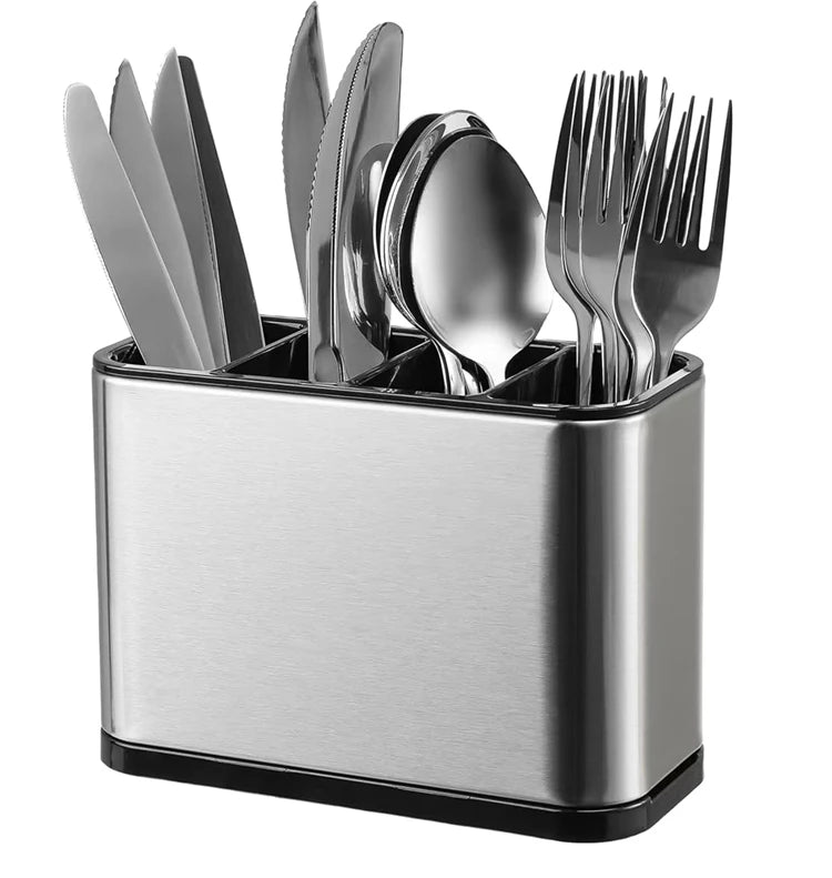 LMETJMA Organizador de cubiertos Caddy para cubiertos, estante de secado de utensilios de acero inoxidable, soporte para cubiertos con 4 compartimentos divididos