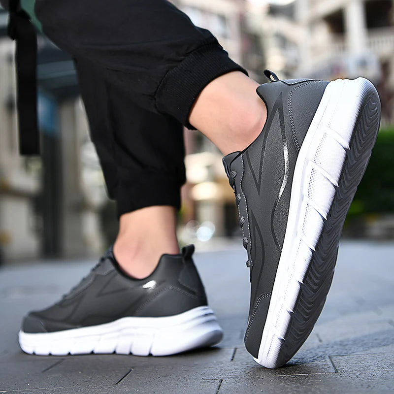 YRZL, zapatillas para correr negras, zapatillas deportivas impermeables de cuero, zapatillas deportivas resistentes al desgaste para hombres, zapatos deportivos para caminar, zapatos cómodos para hombres