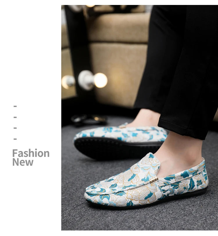 Zapatos Casuales Florales para Hombre | Estilo Mocasín Azul y Blanco