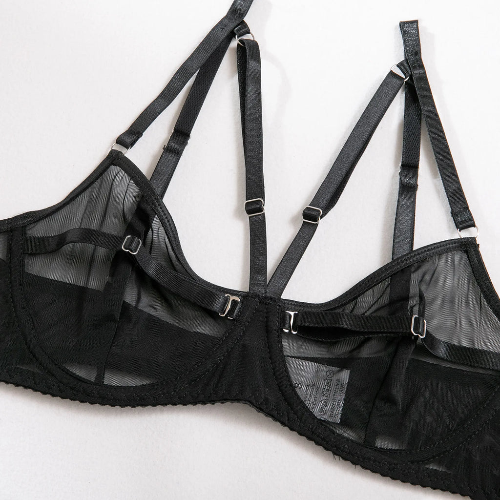 Conjunto de Lencería de Malla Transparente con Sujetador Push Up y Tanga