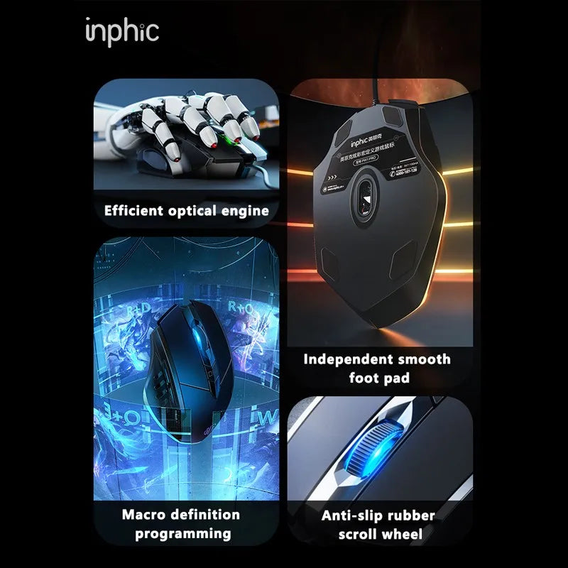 Ratón con cable Inphic W1, ratón para juegos Esports, ratón de oficina silencioso, tres teclas y seis teclas son opcionales