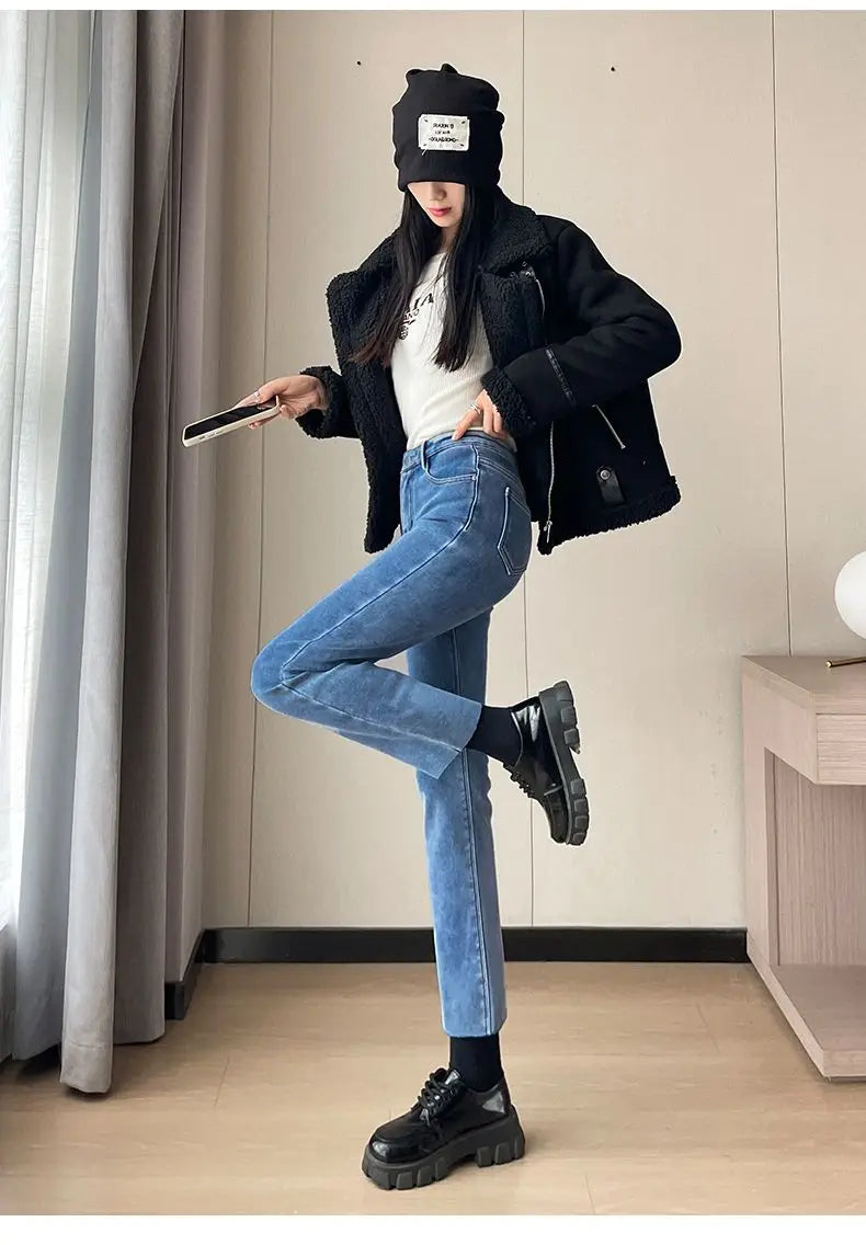 Pantalones Vaqueros Y2K con Forro Polar para Mujer, Cintura Alta, Pierna Recta