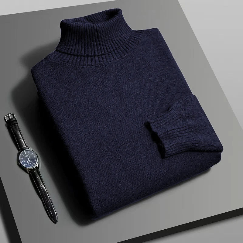 Otoño para hombre de alta calidad de punto suéter de cuello alto ajustado de manga larga anti-pilling jersey Color sólido tendencia hombres Streetwea