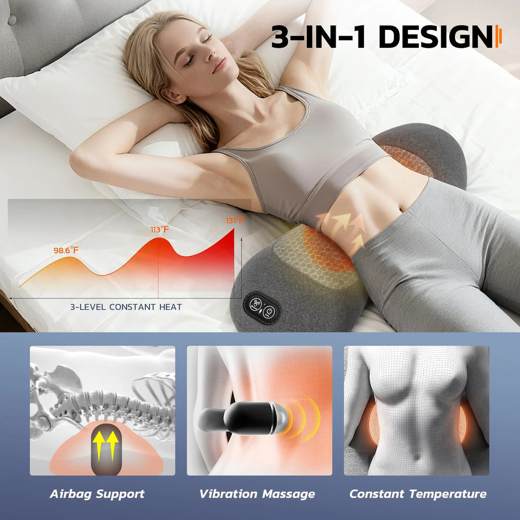 Masajeador de espalda 3 en 1 - Masajeador lumbar eléctrico con calor, vibración y tracción, almohada de soporte lumbar para relajación profunda de los tejidos de la espalda