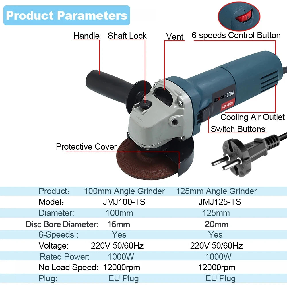 Amoladora angular eléctrica de 1000W, amoladora con cable de 220V, 6 velocidades, 100/125mm, herramientas eléctricas de pulido y corte