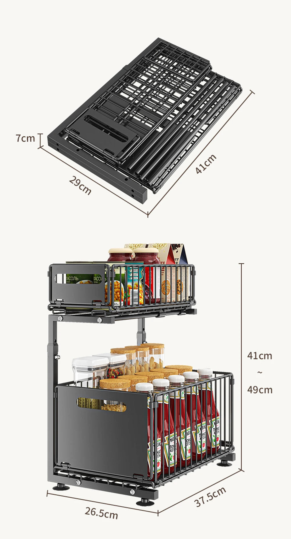 Organizador de gabinete extraíble de 2 niveles, estante de almacenamiento de cocina ajustable, organizador debajo del fregadero, estante de almacenamiento para tarros de especias, cajón deslizante