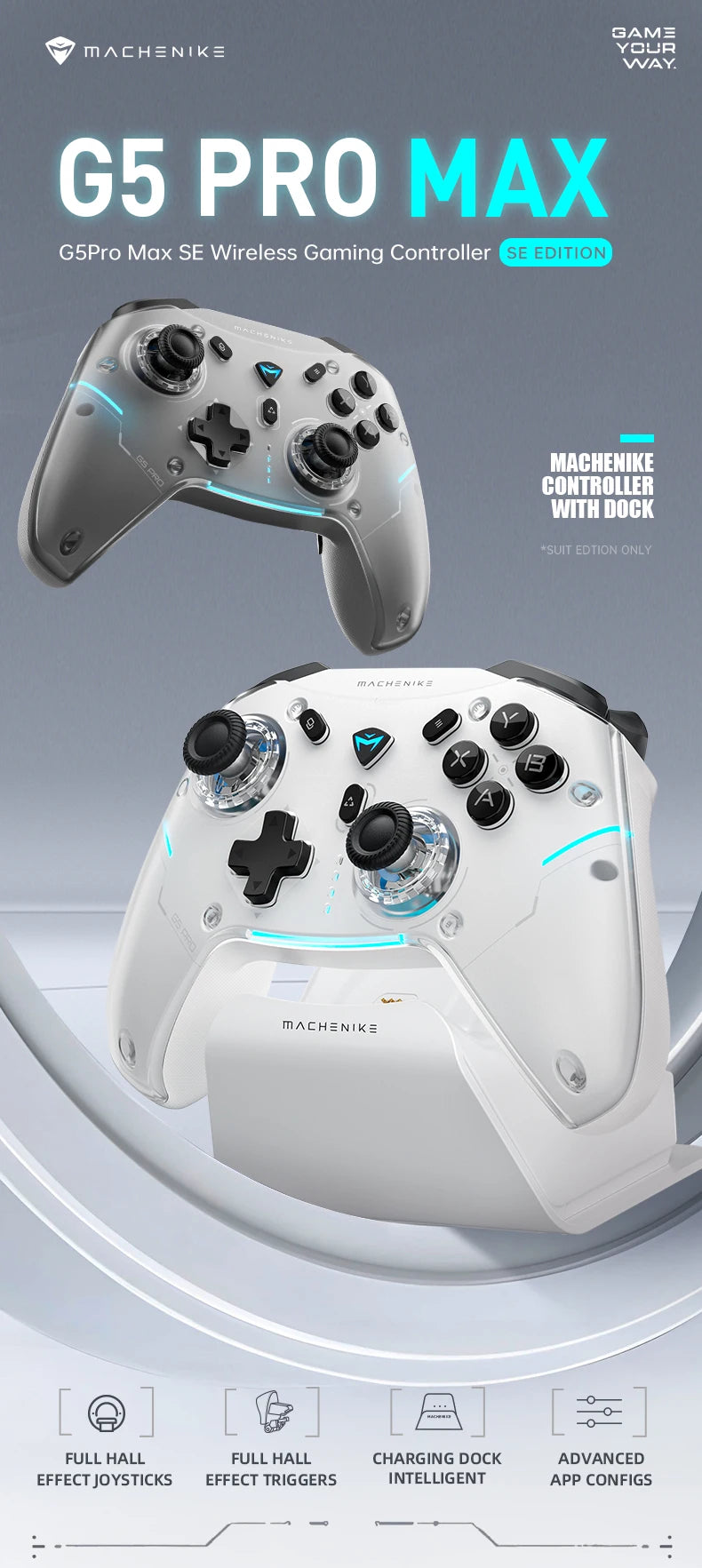 MACHENIKE-controlador de juegos G5Pro Max SE con base de carga, Joysticks de efecto Hall opcionales, activadores, luz RGB, inalámbrico