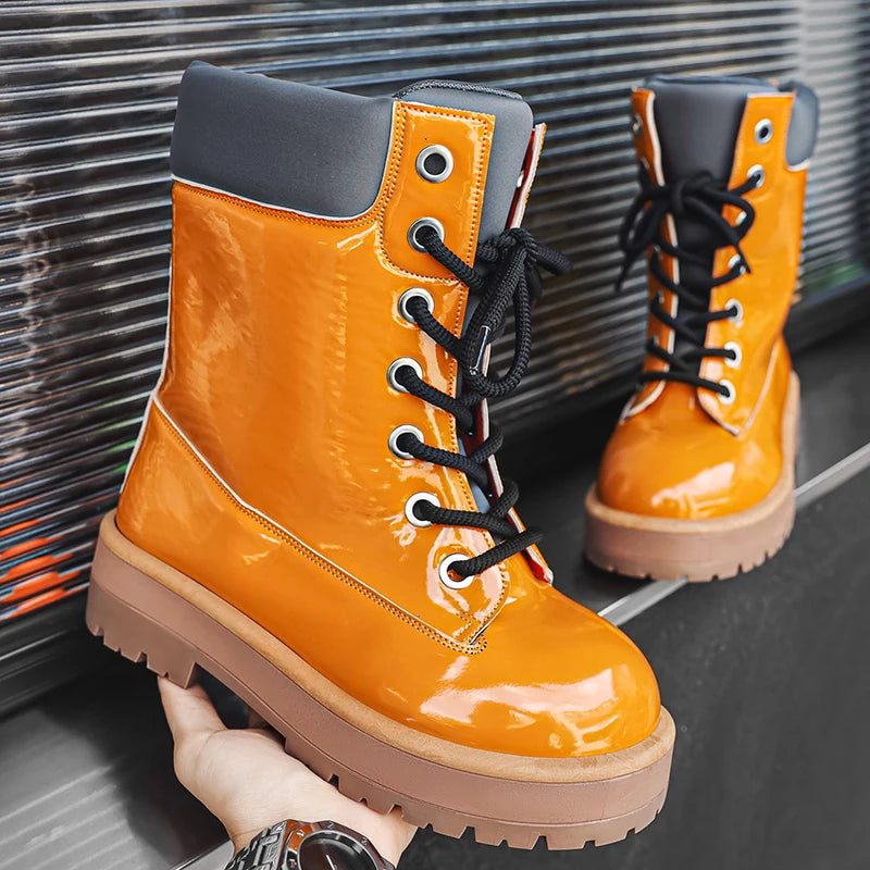 Botines de charol para hombre con cordones y suela gruesa antideslizante
