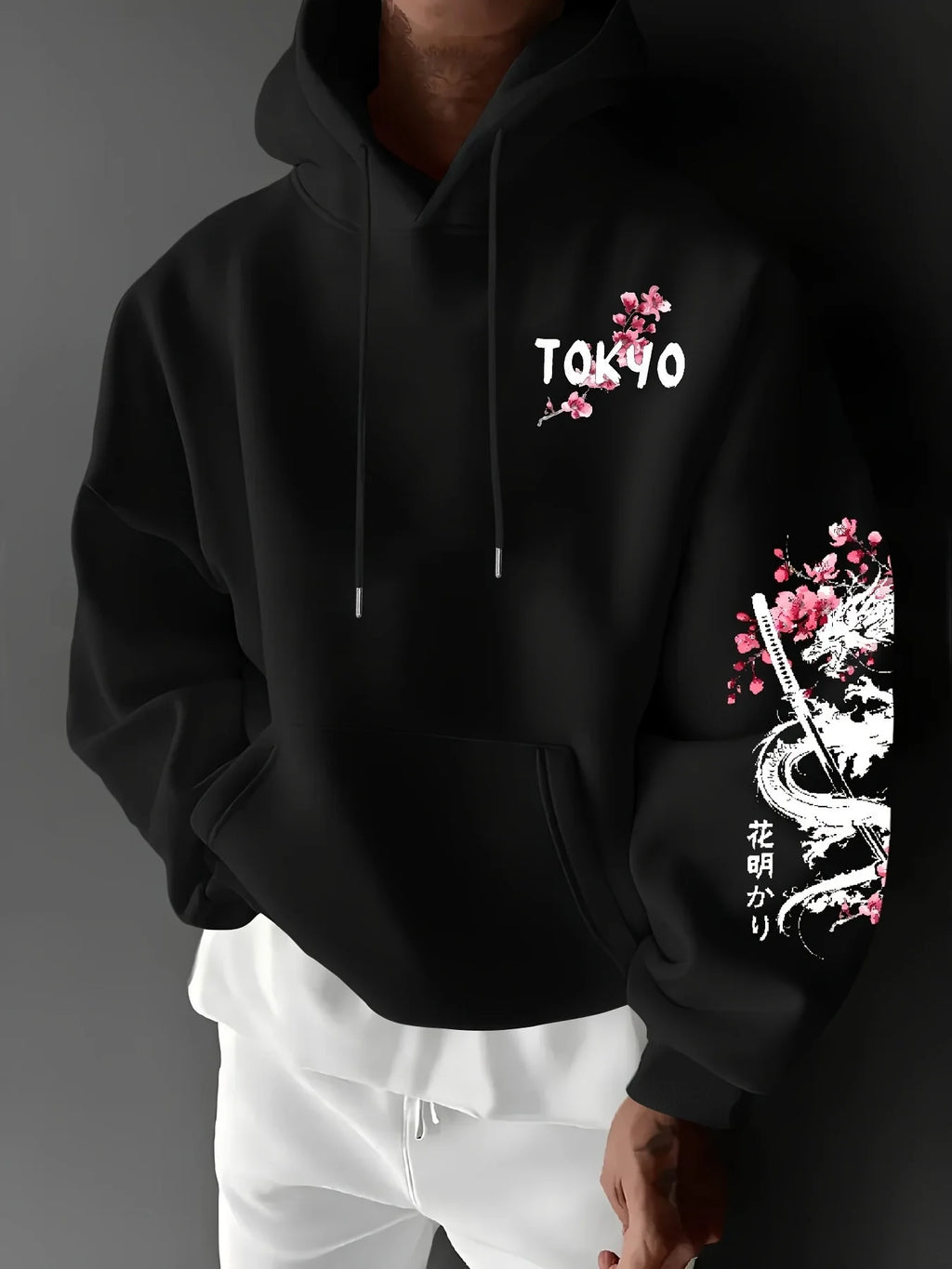Hoodie Anime Estampado Dragón y Flores de Cerezo | Hombre