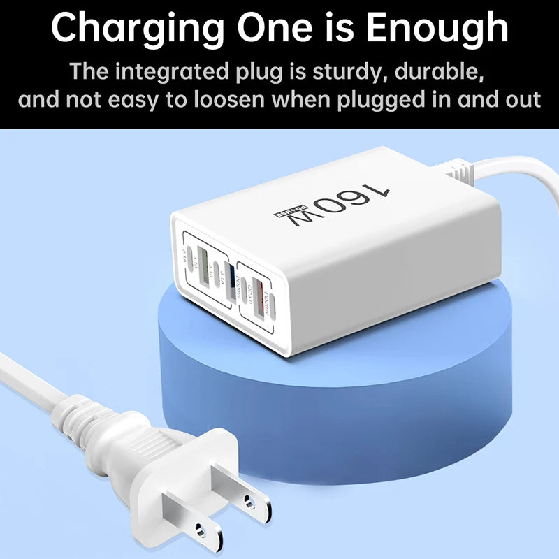 Cargador Rápido 160W 7 Puertos USB y USB-C, QC3.0, Pared Universal